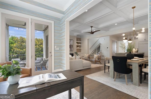 210 Marjean Way, Alpharetta, GA 30009 - dining space with wood finished floors, stairway, coffered ceiling, a ceiling fan, and beamed ceiling