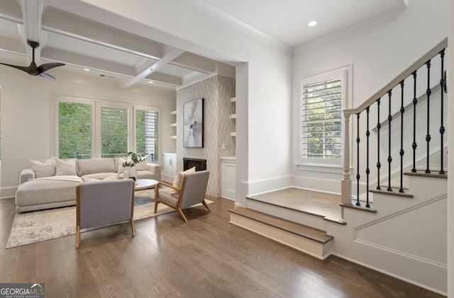 210 Marjean Way, Alpharetta, GA 30009 - living room with baseboards, wood finished floors, stairway, a ceiling fan, and coffered ceiling