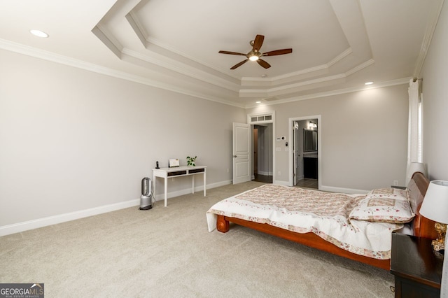 bedroom with a tray ceiling, crown molding, carpet floors, recessed lighting, and a ceiling fan