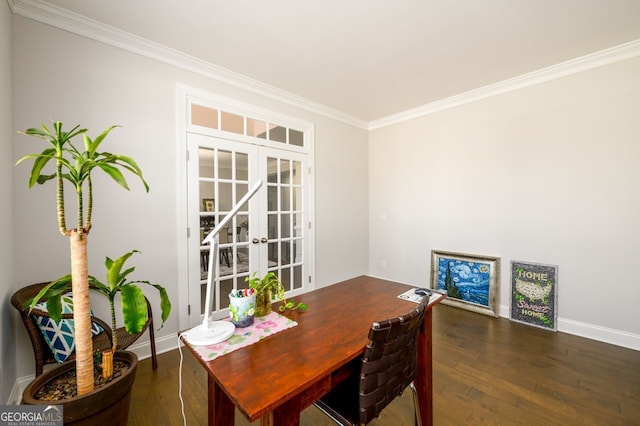 home office with crown molding, dark wood-style floors, baseboards, and french doors
