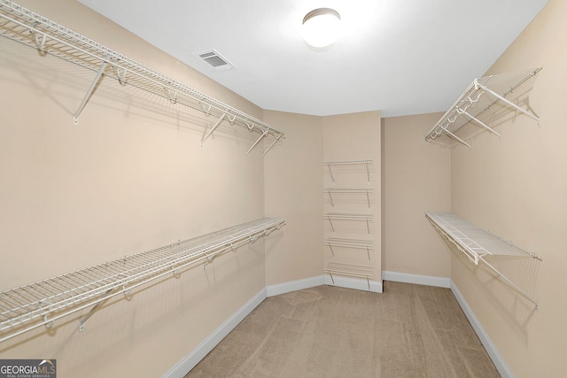 spacious closet featuring carpet flooring and visible vents