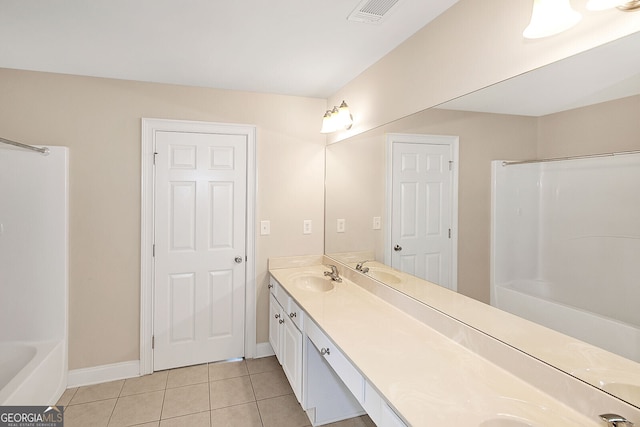 bathroom with tile patterned floors, visible vents, a sink, and double vanity