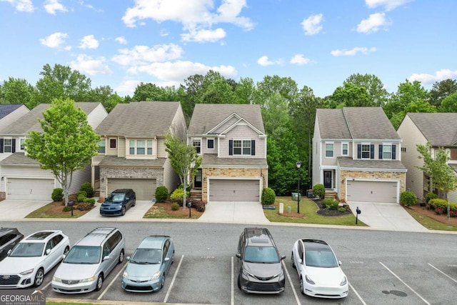 exterior space with stone siding, uncovered parking, and a residential view