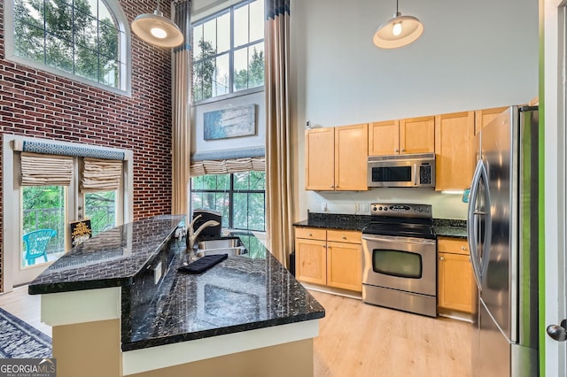 791 Wylie St SE Unit 410, Atlanta, GA 30316 - kitchen featuring stainless steel appliances, a sink, a towering ceiling, light brown cabinets, and light wood-style flooring