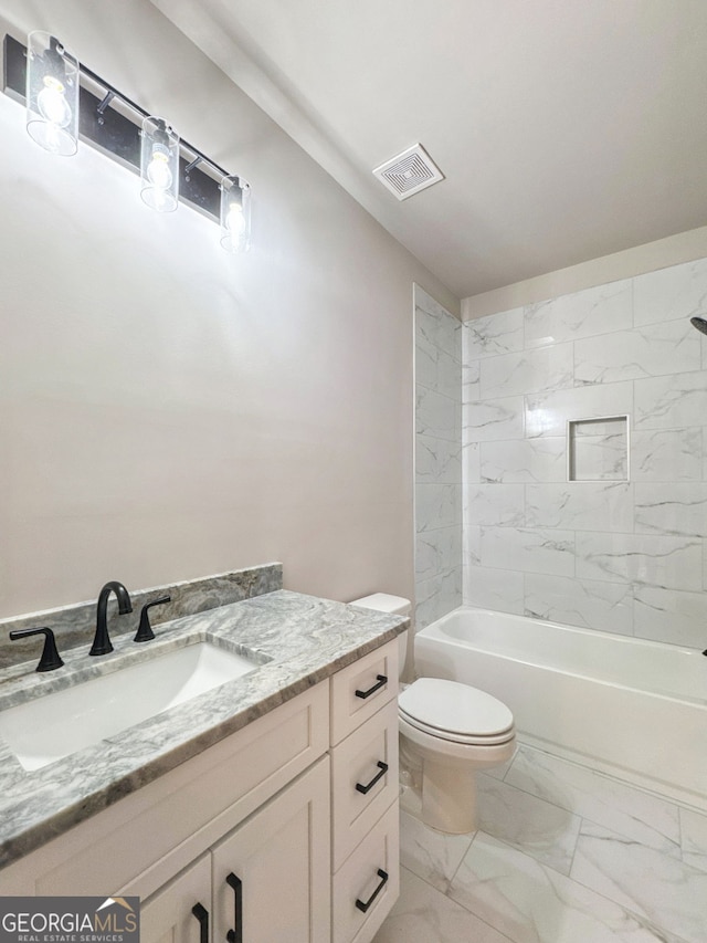 bathroom with toilet,  shower combination, visible vents, marble finish floor, and vanity