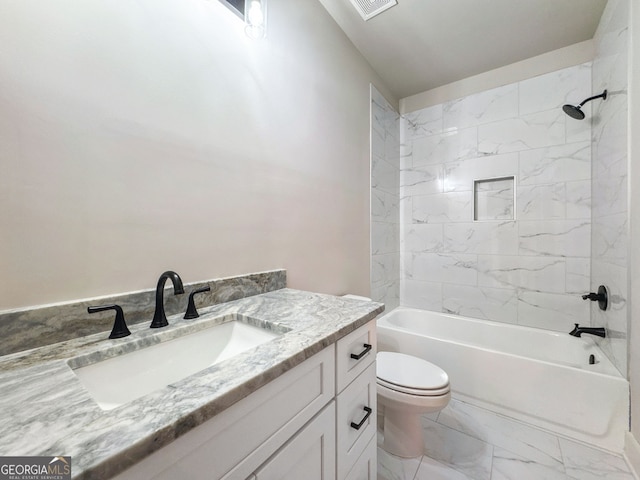full bathroom featuring shower / bath combination, vanity, toilet, and marble finish floor