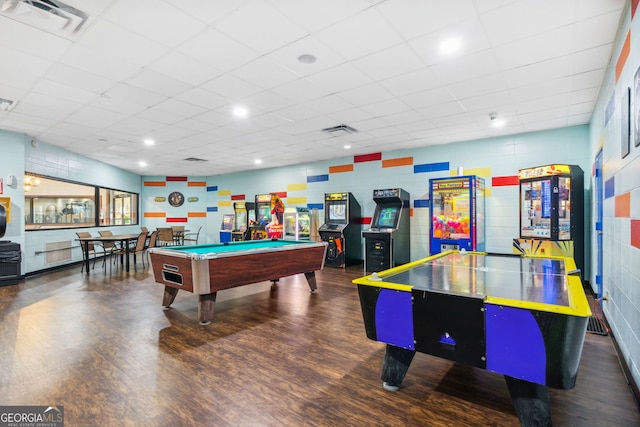 playroom featuring a paneled ceiling, pool table, visible vents, and wood finished floors