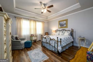 bedroom featuring crown molding, a ceiling fan, wood finished floors, and a raised ceiling