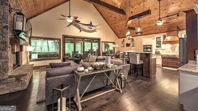 living area featuring a ceiling fan, high vaulted ceiling, and wood ceiling