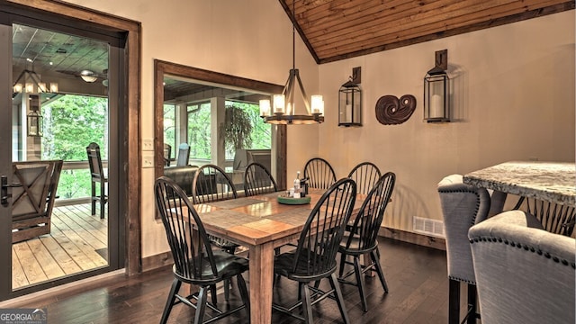 dining area featuring lofted ceiling, a chandelier, visible vents, and dark wood-style floors