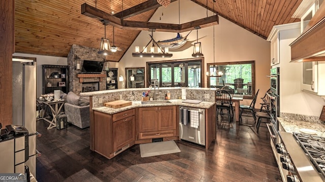 kitchen with a sink, brown cabinets, high vaulted ceiling, dishwasher, and wood ceiling