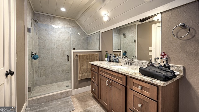 full bathroom with wooden ceiling, vanity, a shower stall, and recessed lighting