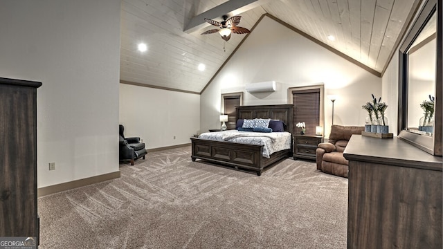 bedroom with recessed lighting, an AC wall unit, baseboards, carpet flooring, and high vaulted ceiling