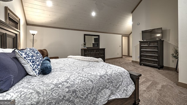 bedroom with carpet flooring, wood ceiling, vaulted ceiling, and baseboards