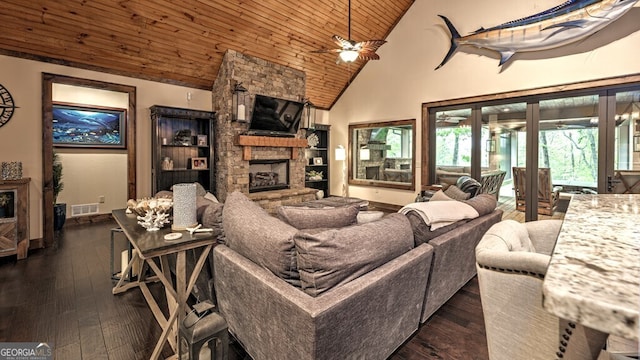 living area featuring high vaulted ceiling, a fireplace, wooden ceiling, a ceiling fan, and baseboards