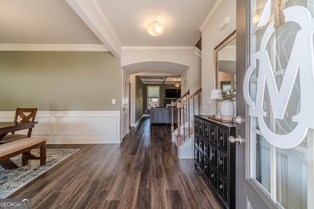 116 Blue Billed Xing, Jefferson, GA 30549 - entrance foyer with arched walkways, stairway, ornamental molding, dark wood-type flooring, and a wainscoted wall