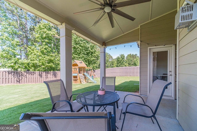 116 Blue Billed Xing, Jefferson, GA 30549 - fenced backyard with ceiling fan, a playground, and a patio