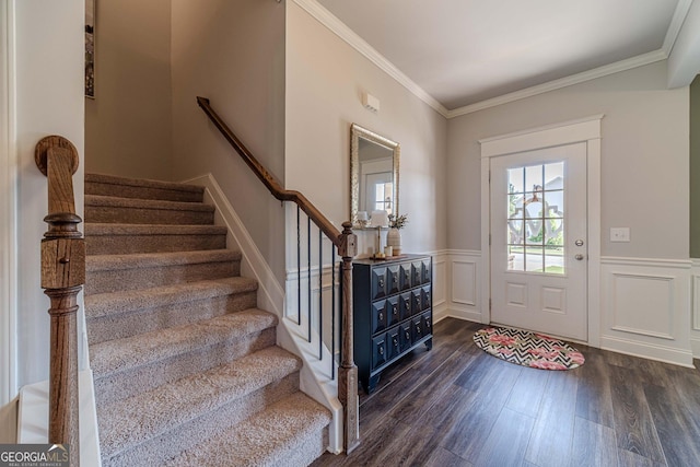116 Blue Billed Xing, Jefferson, GA 30549 - foyer entrance with dark wood finished floors, stairway, wainscoting, and crown molding