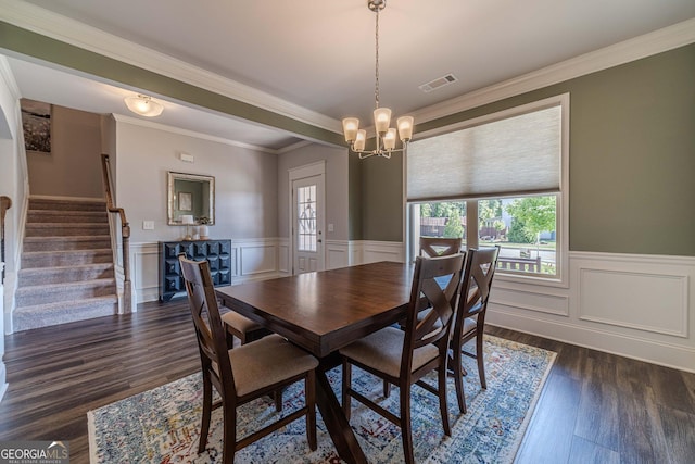 116 Blue Billed Xing, Jefferson, GA 30549 - dining area with stairway, a wainscoted wall, plenty of natural light, a chandelier, and ornamental molding