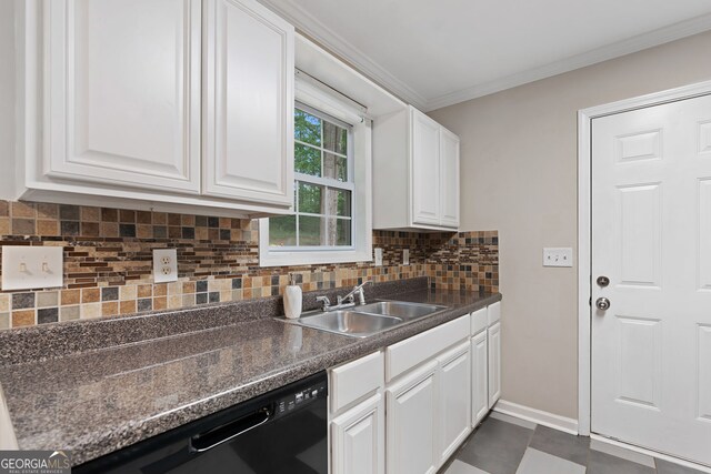 4355 Saddlewood Ct, Gillsville, GA 30543 - kitchen featuring black dishwasher, dark countertops, white cabinetry, ornamental molding, and decorative backsplash