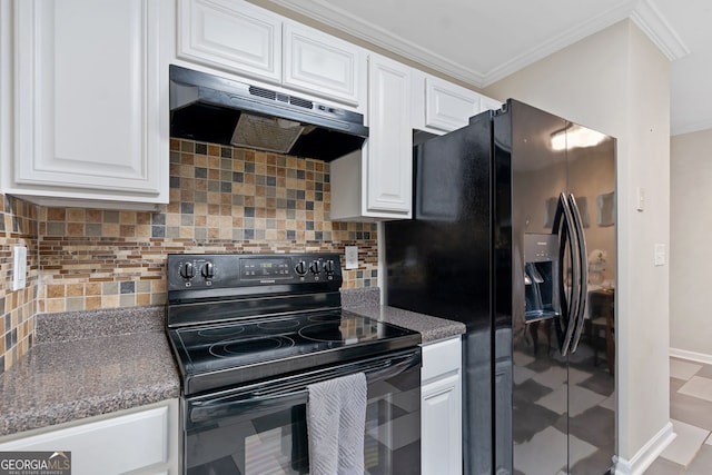 4355 Saddlewood Ct, Gillsville, GA 30543 - kitchen with black appliances, under cabinet range hood, crown molding, white cabinetry, and backsplash