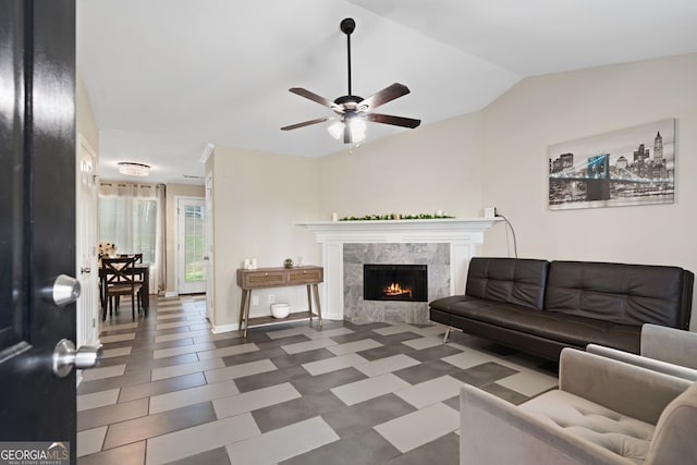 4355 Saddlewood Ct, Gillsville, GA 30543 - living area featuring a ceiling fan, vaulted ceiling, and a fireplace