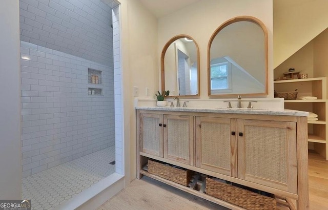 185 A W Roberts Dr, Ball Ground, GA 30107 - bathroom with tiled shower and double vanity