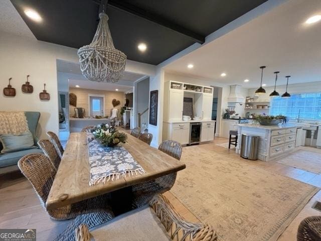 185 A W Roberts Dr, Ball Ground, GA 30107 - dining area with a chandelier, light wood finished floors, recessed lighting, plenty of natural light, and wine cooler