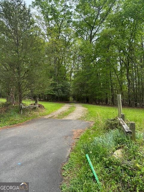 view of street featuring a forest view