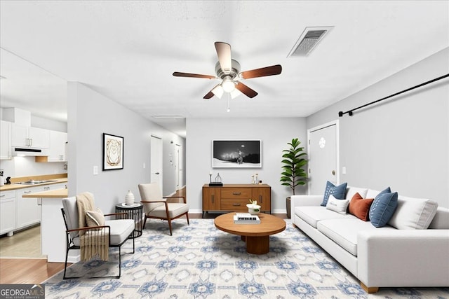 844 Oak St NW, Atlanta, GA 30318 - living room with ceiling fan, light wood-type flooring, and visible vents
