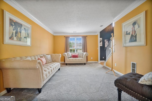 1314 Durham Ter, Mcdonough, GA 30252 - living room featuring carpet, crown molding, stairway, and a textured ceiling