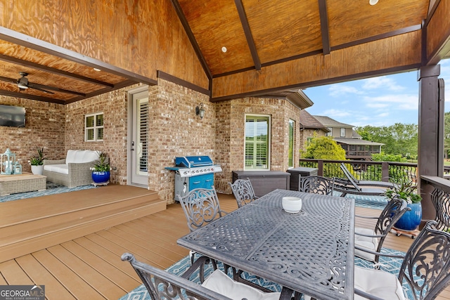 770 Tralee Dr, Fayetteville, GA 30215 - wooden terrace with area for grilling, outdoor dining area, and ceiling fan