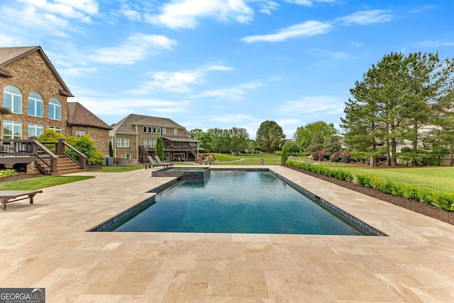 770 Tralee Dr, Fayetteville, GA 30215 - view of pool featuring a lawn, a patio, a pool with connected hot tub, stairway, and a wooden deck