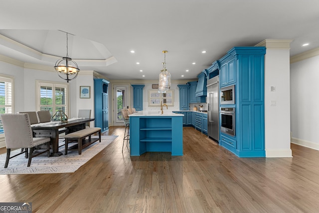 770 Tralee Dr, Fayetteville, GA 30215 - kitchen with open shelves, stainless steel appliances, crown molding, light countertops, and blue cabinets