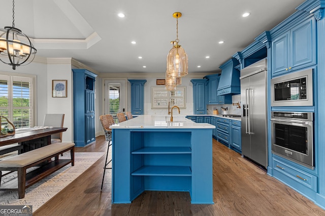 770 Tralee Dr, Fayetteville, GA 30215 - kitchen featuring open shelves, built in appliances, blue cabinets, and a notable chandelier