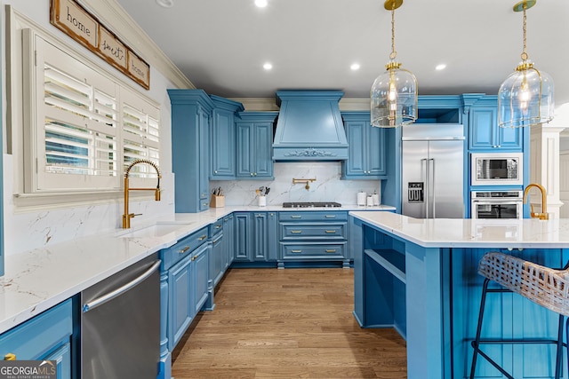 770 Tralee Dr, Fayetteville, GA 30215 - kitchen with a sink, built in appliances, blue cabinets, open shelves, and custom exhaust hood