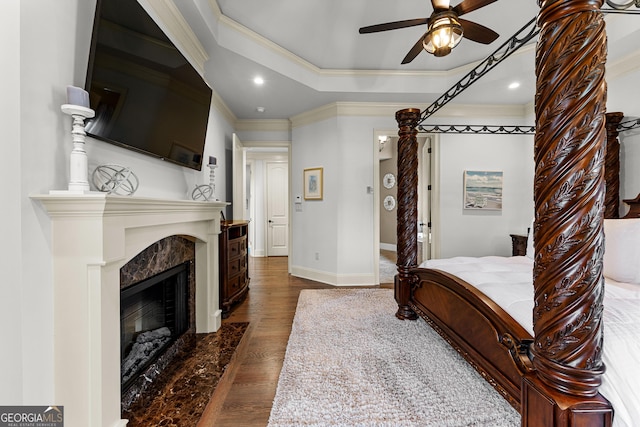770 Tralee Dr, Fayetteville, GA 30215 - bedroom with a premium fireplace, ornamental molding, baseboards, and wood finished floors