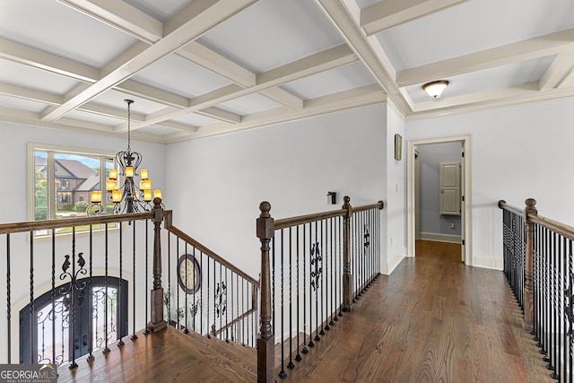 770 Tralee Dr, Fayetteville, GA 30215 - corridor featuring a notable chandelier, an upstairs landing, coffered ceiling, and wood finished floors