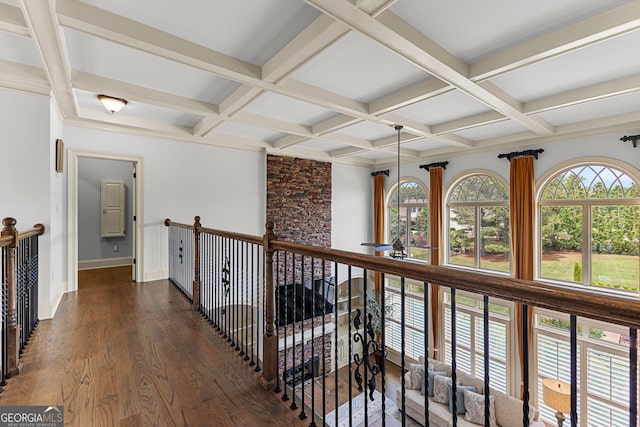 770 Tralee Dr, Fayetteville, GA 30215 - hallway with coffered ceiling, beam ceiling, wood finished floors, and baseboards