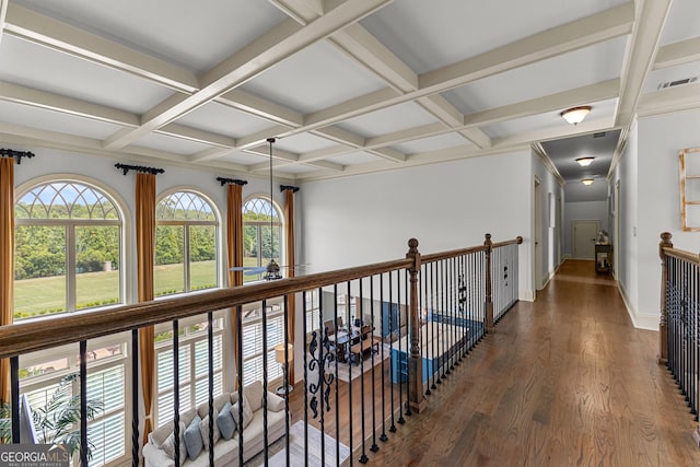 770 Tralee Dr, Fayetteville, GA 30215 - corridor with wood finished floors, coffered ceiling, visible vents, baseboards, and beamed ceiling
