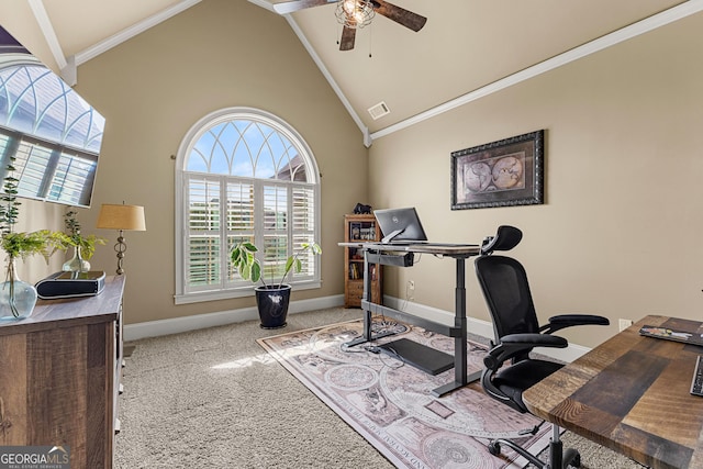 770 Tralee Dr, Fayetteville, GA 30215 - workout room with ornamental molding, visible vents, ceiling fan, carpet flooring, and baseboards