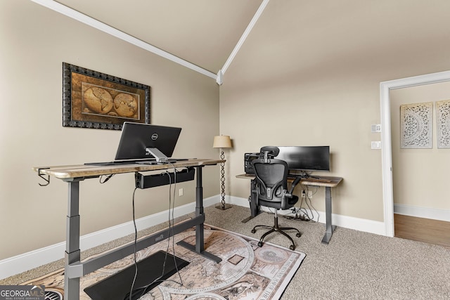 770 Tralee Dr, Fayetteville, GA 30215 - office space with carpet, vaulted ceiling, baseboards, and ornamental molding