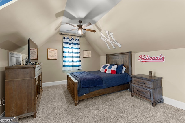 770 Tralee Dr, Fayetteville, GA 30215 - bedroom with baseboards, ceiling fan, light colored carpet, and vaulted ceiling