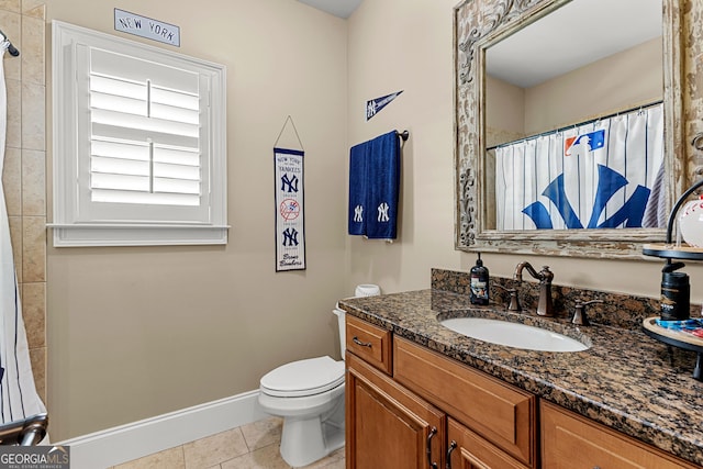 770 Tralee Dr, Fayetteville, GA 30215 - bathroom with toilet, a shower with shower curtain, tile patterned flooring, baseboards, and vanity