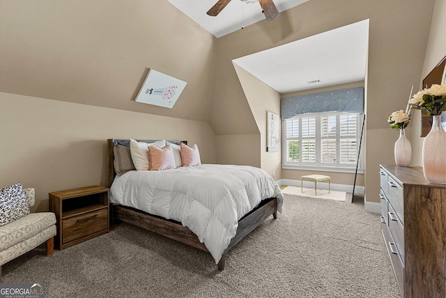 770 Tralee Dr, Fayetteville, GA 30215 - carpeted bedroom featuring lofted ceiling, baseboards, visible vents, and a ceiling fan