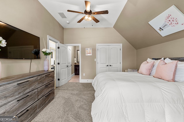 770 Tralee Dr, Fayetteville, GA 30215 - bedroom with a ceiling fan, lofted ceiling, ensuite bathroom, visible vents, and light carpet