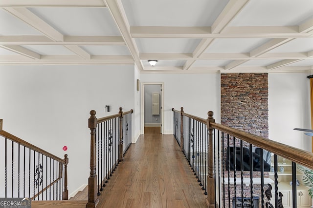 770 Tralee Dr, Fayetteville, GA 30215 - corridor featuring coffered ceiling, baseboards, wood finished floors, beamed ceiling, and an upstairs landing