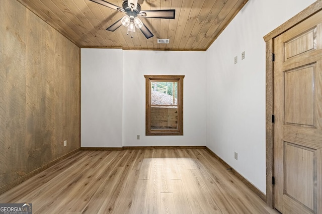 unfurnished room featuring wooden ceiling, a ceiling fan, visible vents, and light wood-style floors