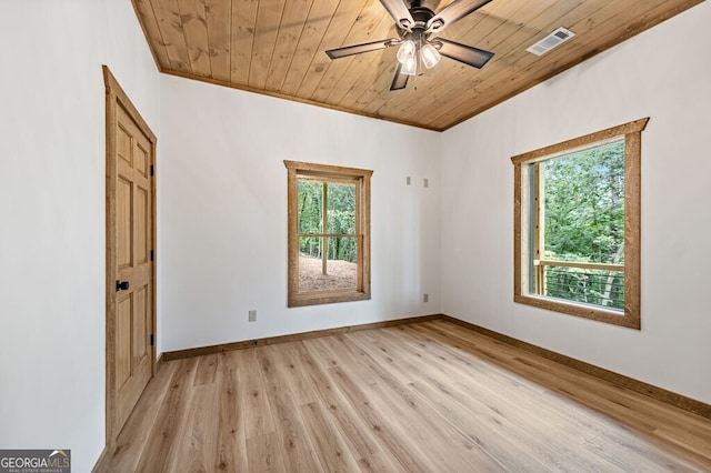 empty room with light wood-style flooring, baseboards, ceiling fan, visible vents, and wood ceiling