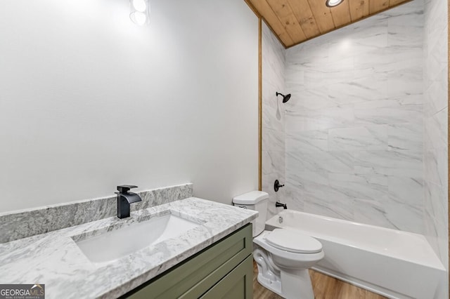 full bathroom with toilet, wood ceiling, washtub / shower combination, vanity, and recessed lighting